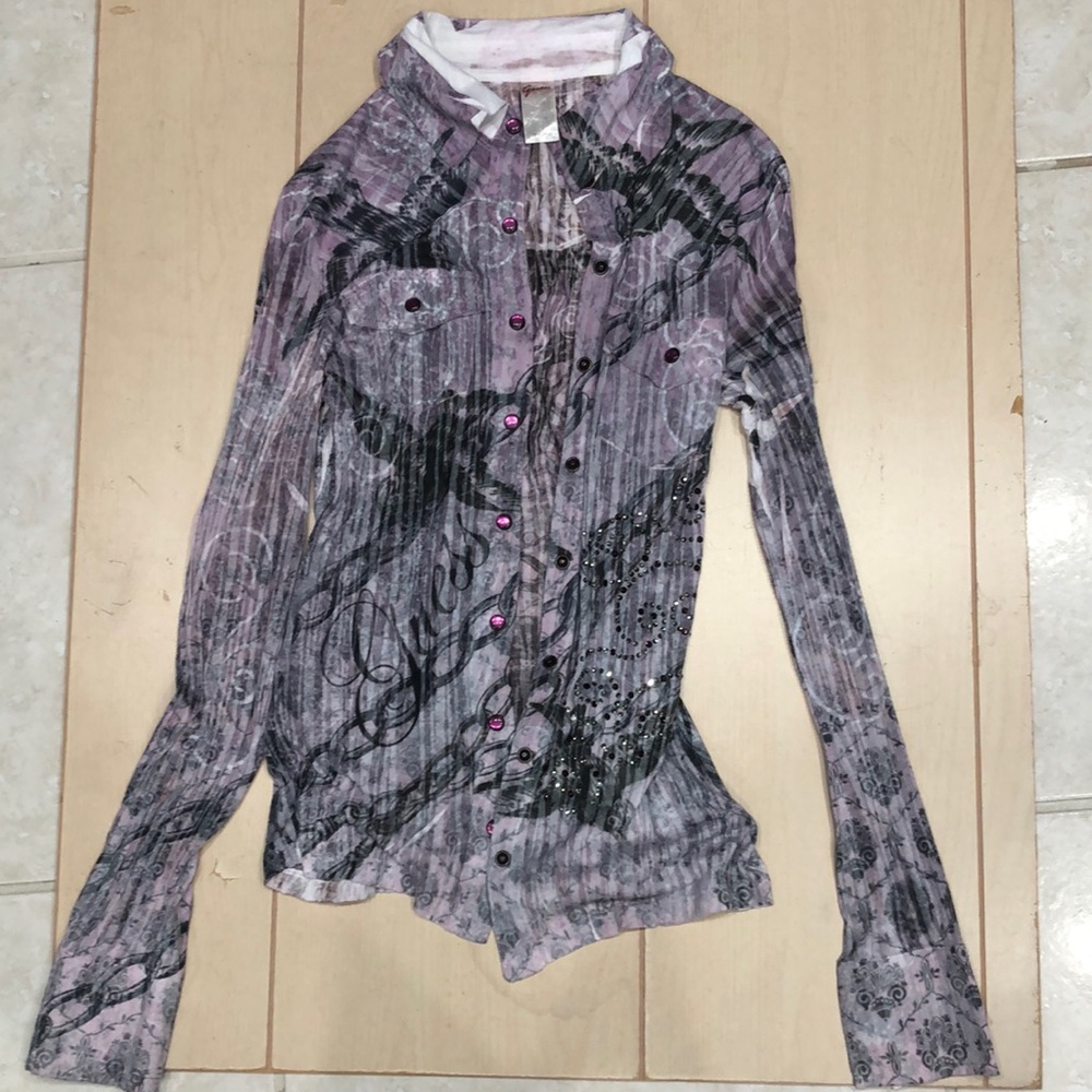 Guess Long Sleeve Women’s Blouse with Abstract Print, Sequins and Pink Snaps